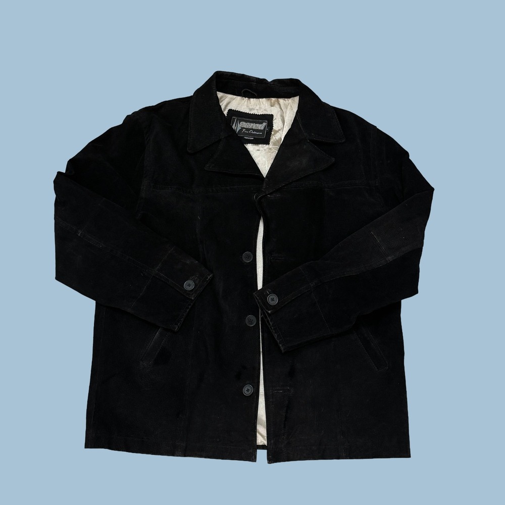 Vintage Black Suede Leather Jacket 26Red Medium Button Front Satin Lined